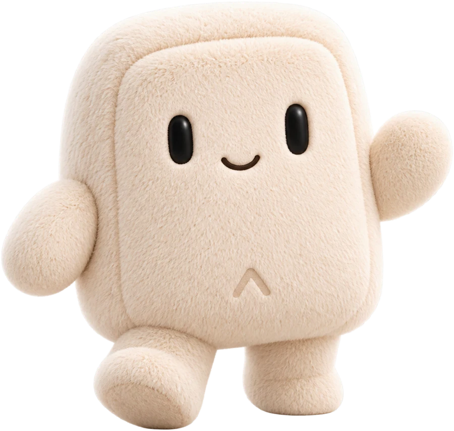 Agnt8, un personaje de peluche color crema con el acento de ctrl en el pecho, saludando