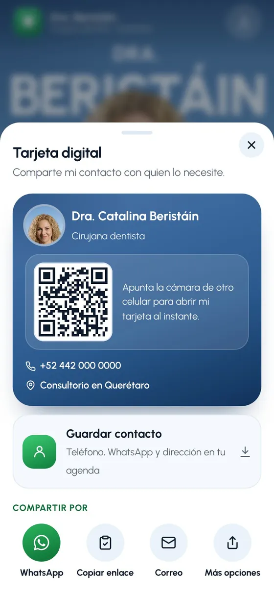 Tarjeta digital de la Dra. Beristáin en el celular